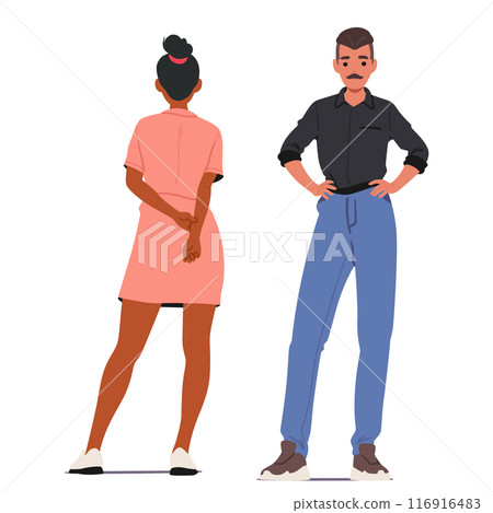 Woman In The Pink Dress And Man In Black Shirt Standing Together In Different Positions. Male And Female Characters Woman In The Pink Dress And Man In Black Shirt Standing Together In Different Positions. Male And Female Characters 116916483