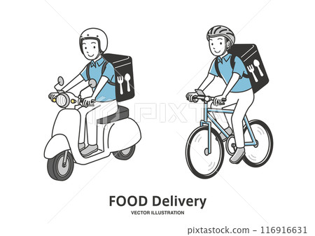 送餐員騎的摩托車和自行車 116916631