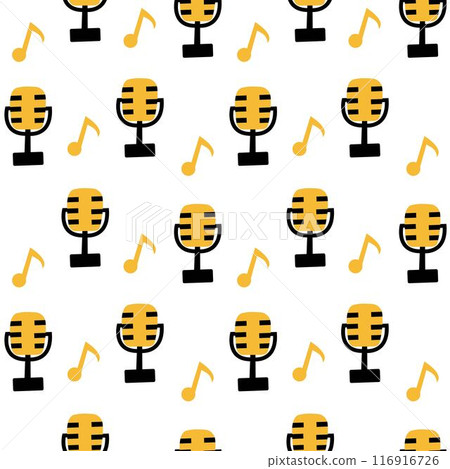 Playful seamless pattern of vintage microphones and music notes 116916726