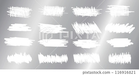 Scraped textures on silver scratchcard surface. Collection of scraping effects on scratch card, game ticket, lotto or sale coupon isolated on metallic background. Vector illustration Scraped textures on silver scratchcard surface. Collection of scraping effects on scratch card, game ticket, lotto or sale coupon isolated on metallic background. Vector illustration 116916821