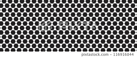 Repeated black hexagone shapes on white background. Perforated surface with honeycomb holes. Bee hive texture. Peg board, radiator or speaker grid. Mosaic wall or floor pattern. Vector illustration 116916844
