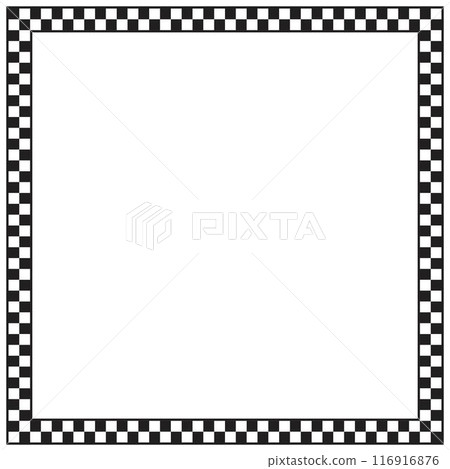 Square frame with black and white chequered print. Vignette with checkerboard, rally flag or chess game plane pattern. Rectangular geometric framework. Vector graphic illistration 116916876