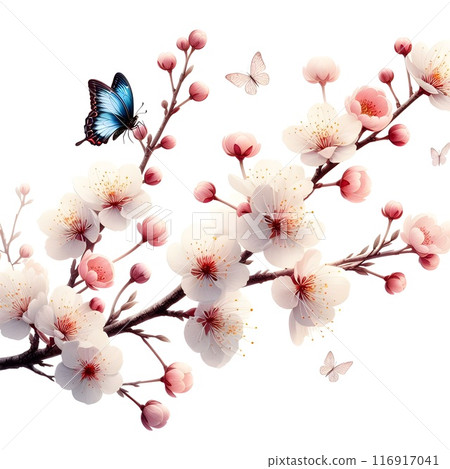 branch of a blossoming apple tree close-up, stock photo, in the style of light pink and dark indigo, minimalistic sketches of nature. Generative AI. 116917041