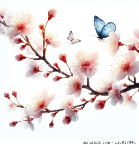 branch of a blossoming apple tree close-up, stock photo, in the style of light pink and dark indigo, minimalistic sketches of nature. Generative AI. 116917046