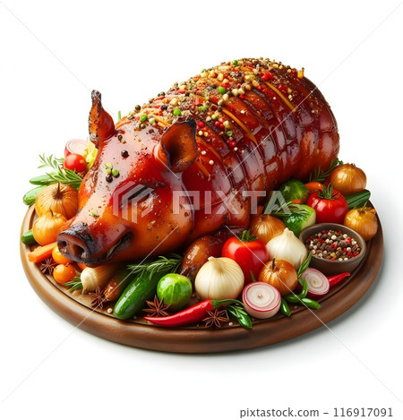 A whole pig is expertly roasted to perfection, showcasing crispy skin and juicy meat. It's garnished with fresh herbs, colorful vegetables, and aromatic spices, making it the centerpiece of a grand fe 116917091
