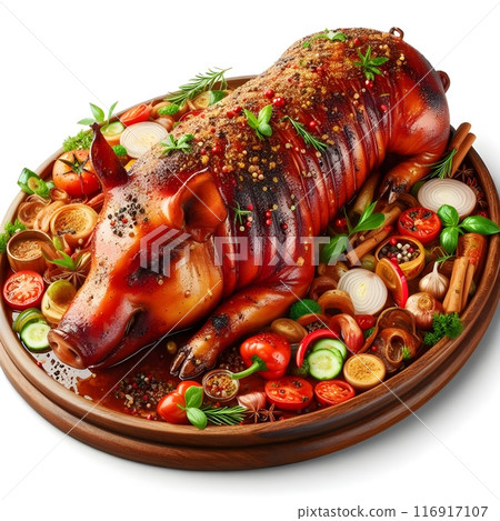 A whole pig is expertly roasted to perfection, showcasing crispy skin and juicy meat. It's garnished with fresh herbs, colorful vegetables, and aromatic spices, making it the centerpiece of a grand fe A whole pig is expertly roasted to perfection, showcasing crispy skin and juicy meat. It's garnished with fresh herbs, colorful vegetables, and aromatic spices, making it the centerpiece of a grand fe 116917107
