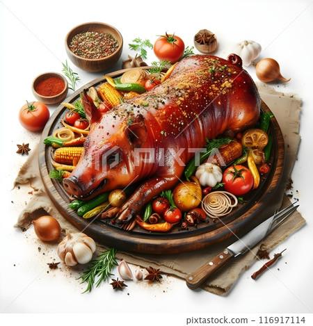 A whole pig is expertly roasted to perfection, showcasing crispy skin and juicy meat. It's garnished with fresh herbs, colorful vegetables, and aromatic spices, making it the centerpiece of a grand fe 116917114