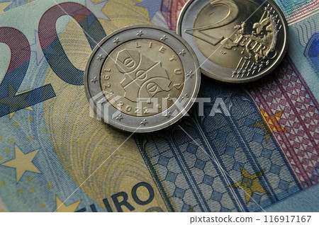 European money. Lithuanian 2 euro coin Basketball in Lithuania. European money. Lithuanian 2 euro coin Basketball in Lithuania. 116917167