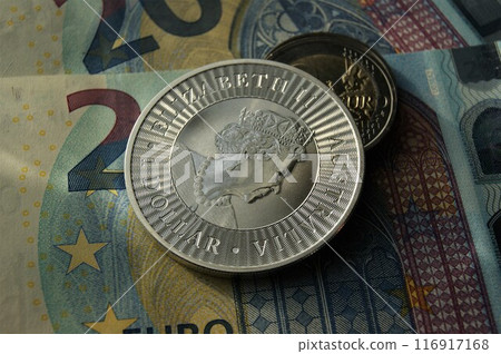 Australian 1 dollar. European currency and Australian silver investment coin. Australian 1 dollar. European currency and Australian silver investment coin. 116917168