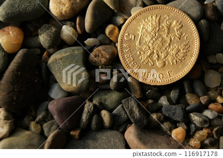 Antique gold coin. Old gold coin 5 Rubles Russian Empire. Antique gold coin. Old gold coin 5 Rubles Russian Empire. 116917178