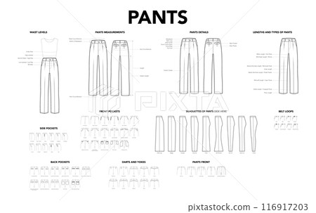 Set of Pants details - Measurement, Length, Waistline, Belt Loops, Darts Yokes Silhouette and Pockets styles technical 116917203