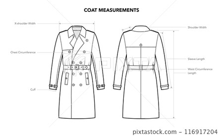 Set of Coat Measurement details - Length, Width Sleeves styles technical fashion illustration. Flat apparel template 116917204