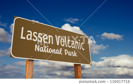 Lassen Volcanic National Park (California) Road Sign Against Blue Sky and Clouds. 116917716
