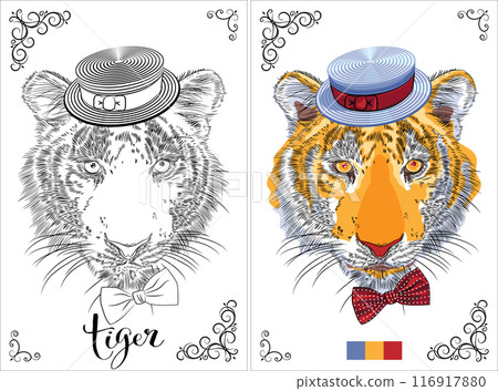 Coloring Book page Tiger with Hat and Bow Tie 116917880