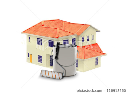 home painting services concept with miniature house model and paint can 116918360