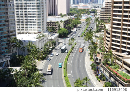 View of the Waikiki cityscape in Hawaii from a high floor 116918498