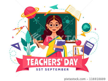 Happy Teachers Day in India Vector Illustration featuring Teacher Wearing Traditional Clothes and School Equipment in a Flat Cartoon Background Happy Teachers Day in India Vector Illustration featuring Teacher Wearing Traditional Clothes and School Equipment in a Flat Cartoon Background 116918889