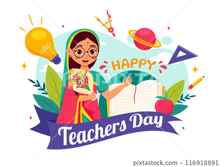 Happy Teachers Day in India Vector Illustration featuring Teacher Wearing Traditional Clothes and School Equipment in a Flat Cartoon Background 116918891