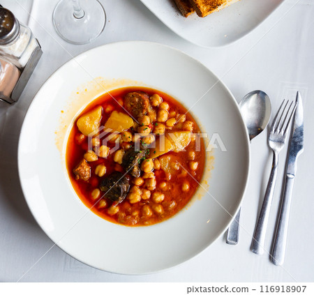 Portion of chickpea soup in restaurant Portion of chickpea soup in restaurant 116918907