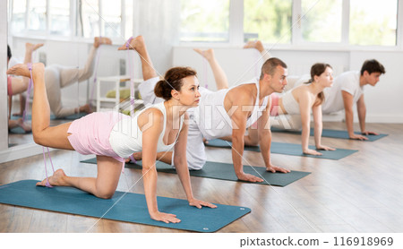 Experienced sporty young woman on hands and knees doing stretch exercises for legs with resistance bands on mats during training with group people in sports studio 116918969
