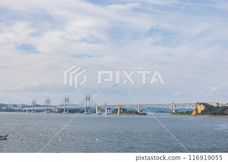 A beautiful summer view of the Seto Inland Sea and the Great Seto Bridge seen from the sea A beautiful summer view of the Seto Inland Sea and the Great Seto Bridge seen from the sea 116919055