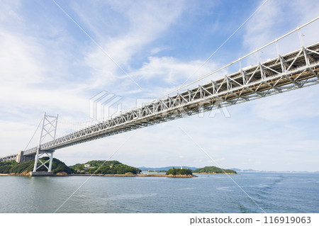 A beautiful summer view of the Seto Inland Sea and the Great Seto Bridge seen from the sea A beautiful summer view of the Seto Inland Sea and the Great Seto Bridge seen from the sea 116919063