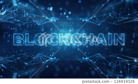 Text "Blockchain" with neon background. 116919326