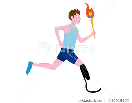 義肢跑者舉著火炬跑步。 義肢跑者舉著火炬跑步。 116919393