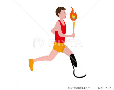 A runner with a prosthetic leg runs holding a torch. 116919396
