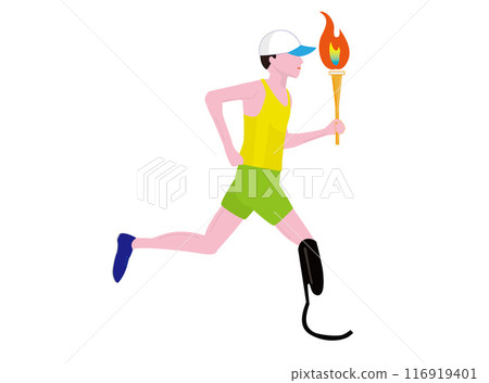 A runner with a prosthetic leg runs holding a torch. 116919401