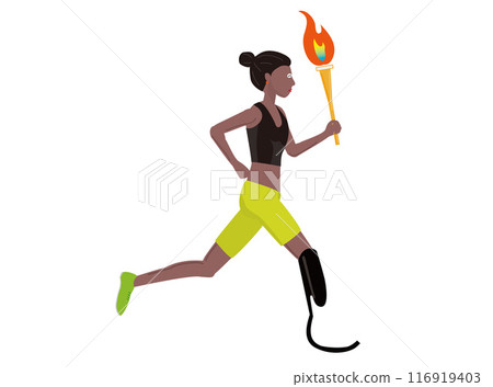 A runner with a prosthetic leg runs holding a torch. 116919403
