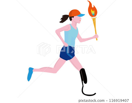 A runner with a prosthetic leg runs holding a torch. A runner with a prosthetic leg runs holding a torch. 116919407
