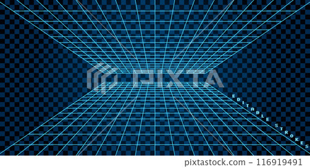 Abstract 3D grid with wireframe mesh creating a perspective tunnel. Futuristic geometric shape with retro Y2K and cyberpunk elements. Digital art in cool neon tech style. 116919491