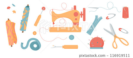 Set of sewing machine with fabric rolls, thread, needle, and zipper. Pin cushion, scissors, and buttons for tailoring. Cute illustration of craft tools for handmade sewing and embroidery projects. 116919511