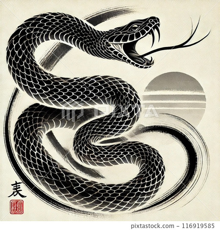 A snake coiled up with its tongue sticking out A snake coiled up with its tongue sticking out 116919585