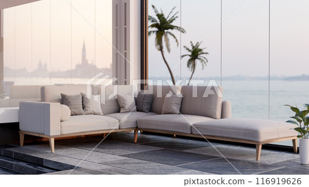 Luxurious contemporary living room features a comfortable couch by the large window with a sea view. Luxurious contemporary living room features a comfortable couch by the large window with a sea view. 116919626