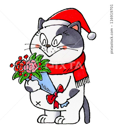 Cat wearing a Santa hat holding a bouquet Cat wearing a Santa hat holding a bouquet 116919701