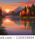 Sunrise sky reflected on the lake 116919894