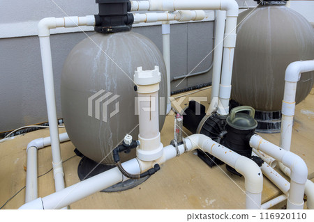 System pump of filtering, ozonation equipment for maintaining clean an outdoor swimming pool filtration system 116920110