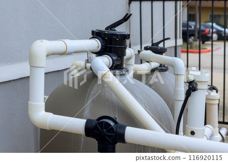 Pump for filtering, ozonation equipment for maintaining clean filtration system an outdoor swimming pool 116920115