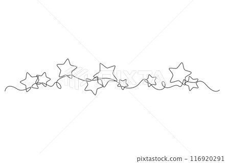 Festive stars drawn in a continuous line in  minimalism, single line. Editable vector contour. 116920291