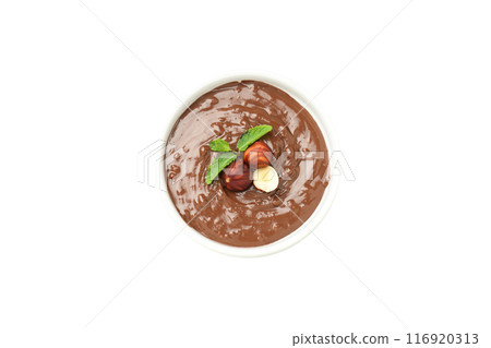 PNG,Chocolate paste in a bowl with nuts, isolated on white background 116920313