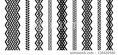 Seamless retro knot border set. Black repeating celtic divider or separator collection. Braid rope ornament motif pattern for banner, poster, frame. weaving design element bundle. Vector pack Seamless retro knot border set. Black repeating celtic divider or separator collection. Braid rope ornament motif pattern for banner, poster, frame. weaving design element bundle. Vector pack 116920480