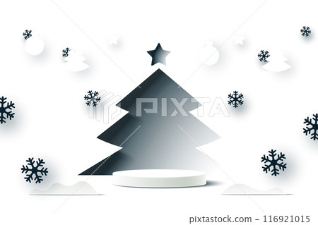 Abstract 3d white cylinder pedestal podium and paper cut christmas tree background. Minimal winter scene for product display presentation. Vector illustration. Abstract 3d white cylinder pedestal podium and paper cut christmas tree background. Minimal winter scene for product display presentation. Vector illustration. 116921015