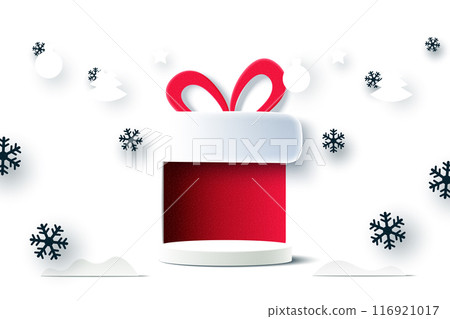 Abstract 3d white cylinder pedestal podium and paper cut gift box background. Minimal winter scene for product display presentation. Vector illustration. Abstract 3d white cylinder pedestal podium and paper cut gift box background. Minimal winter scene for product display presentation. Vector illustration. 116921017
