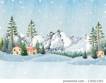 Winter landscape with forest and small houses during snowfall. Vintage style painted illustration. Winter season countryside landscape scene with mountain range, coniferous forest, cozy house 116921361