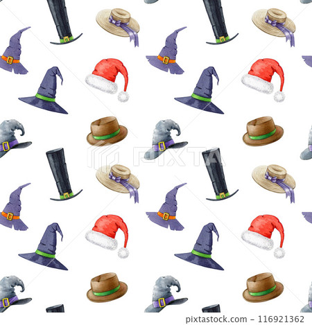 Various hat and cap painted seamless pattern. Vintage style illustration. Hand drawn different design old hat collection seamless pattern. White background Various hat and cap painted seamless pattern. Vintage style illustration. Hand drawn different design old hat collection seamless pattern. White background 116921362