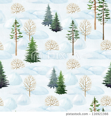 Winter forest landscape seamless pattern. Snow piles, bushes, fir tree, winter landscape on snowy background. Traditional vintage style gift wrap design. Hand painted watercolor digital paper element 116921366