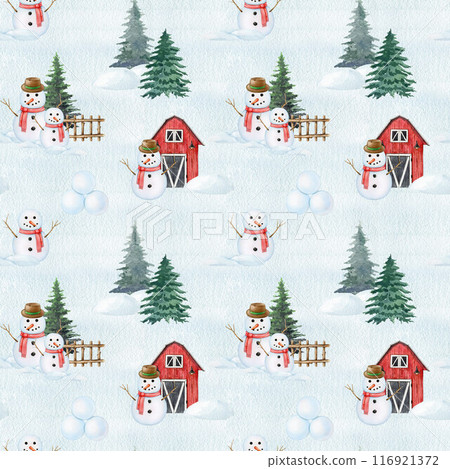Winter time outdoors festive seamless pattern. Funny snowman on snowy ground with fir trees. Vintage style illustration. Winter season outdoors scene. Traditional winter season snow decor pattern Winter time outdoors festive seamless pattern. Funny snowman on snowy ground with fir trees. Vintage style illustration. Winter season outdoors scene. Traditional winter season snow decor pattern 116921372