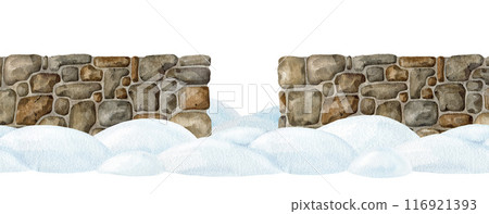 Winter time stone wall with center entrance blocked with snow piles. Hand drawn stone wall covered with snowdrifts after snowfall. Winter season outdoors countryside landscape element isolated Winter time stone wall with center entrance blocked with snow piles. Hand drawn stone wall covered with snowdrifts after snowfall. Winter season outdoors countryside landscape element isolated 116921393